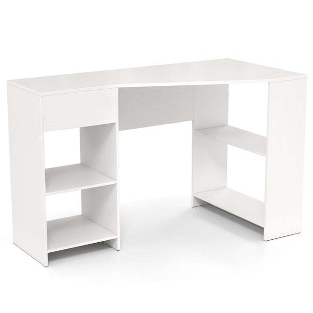 L-Shaped Corner Desk with Drawer & Shelves, White