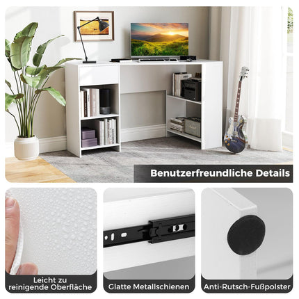 L-Shaped Corner Desk with Drawer & Shelves, White