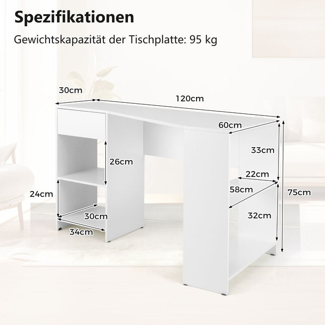L-Shaped Corner Desk with Drawer & Shelves, White