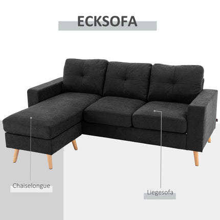 Black L-shaped linen sofa, corner sofa with chaise longue for 3