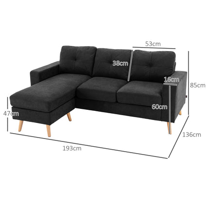 Black L-shaped linen sofa, corner sofa with chaise longue for 3