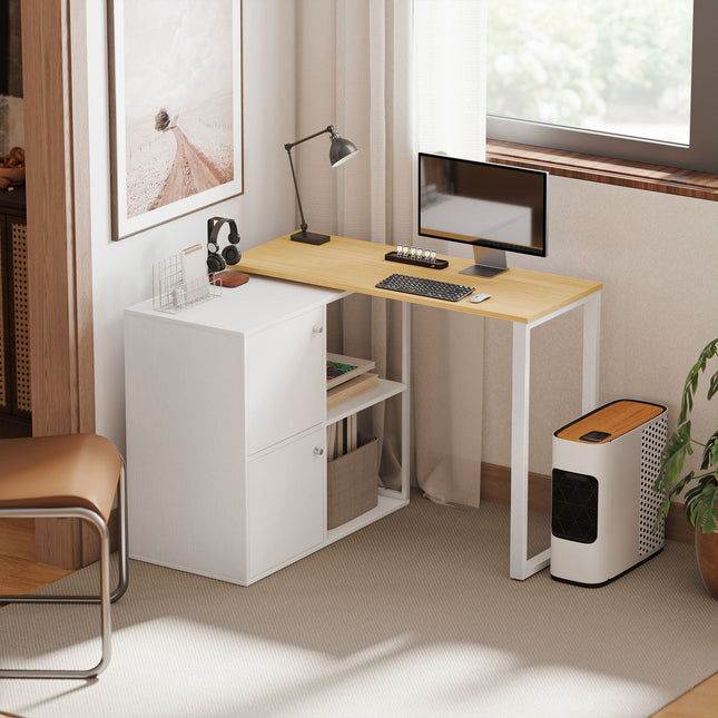 L-Shaped Desk, Rotating Corner, 2 Cabinets, 2 Shelves, 150x40x75 cm, White