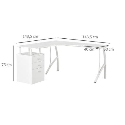 L-shaped desk with drawers, industrial metal, white