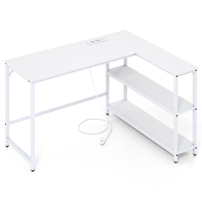 L-Shaped Desk with Charging Station & Shelves, White