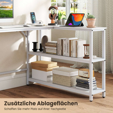 L-Shaped Desk with Charging Station & Shelves, White