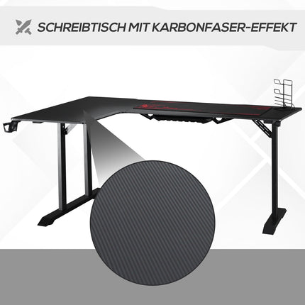 L-shaped game table, black+red, headphone hook, cup holder
