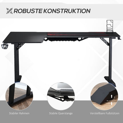 L-shaped game table, black+red, headphone hook, cup holder