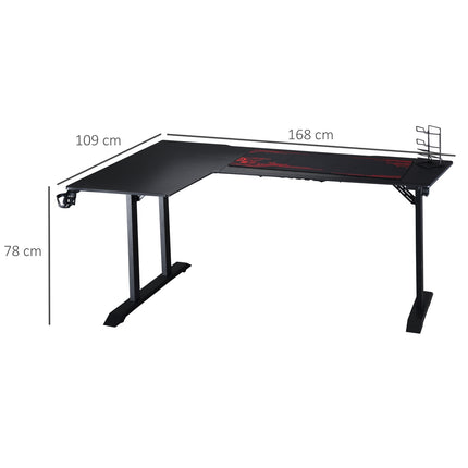 L-shaped game table, black+red, headphone hook, cup holder