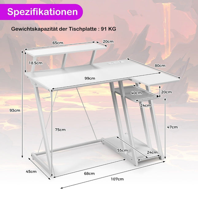 L-Shaped Gaming Desk with Power Outlets & USB Ports