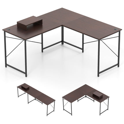 L-Shaped Reversible Desk with Charging Station, Brown