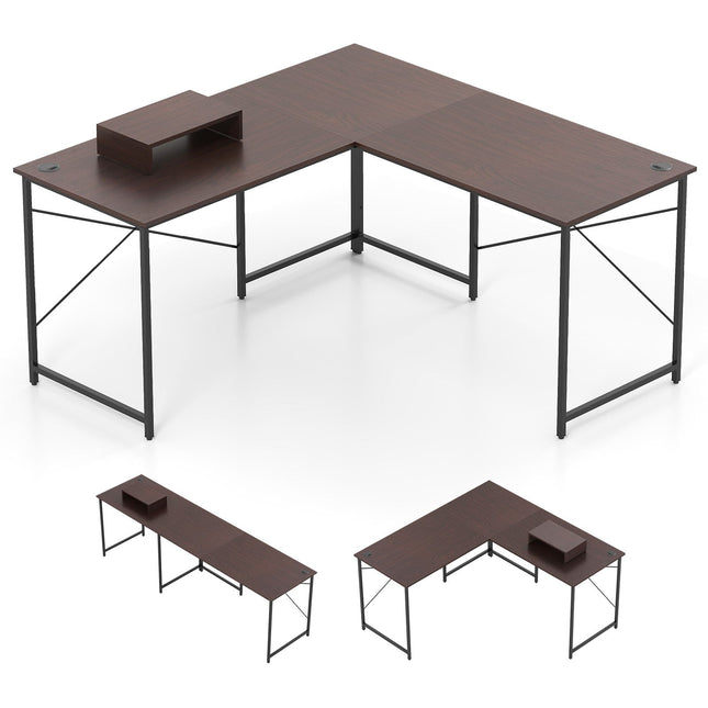 L-Shaped Reversible Desk with Charging Station, Brown