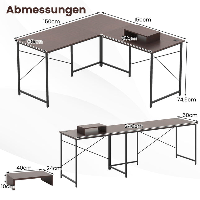 L-Shaped Reversible Desk with Charging Station, Brown