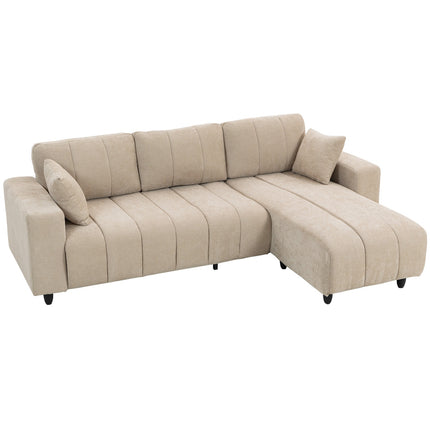 L-Shaped Sectional Sofa, Beige, 3-Seater with Chaise and Cushions