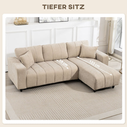 L-Shaped Sectional Sofa, Beige, 3-Seater with Chaise and Cushions