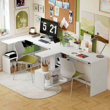 L-Shaped White Wood Desk with Keyboard Tray and Shelves