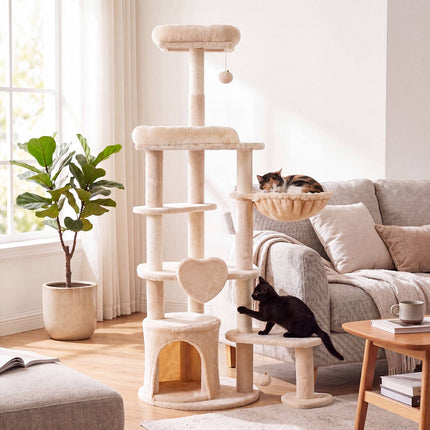 Large Beige Cat Tree Tower with Scratching Posts, 149 cm