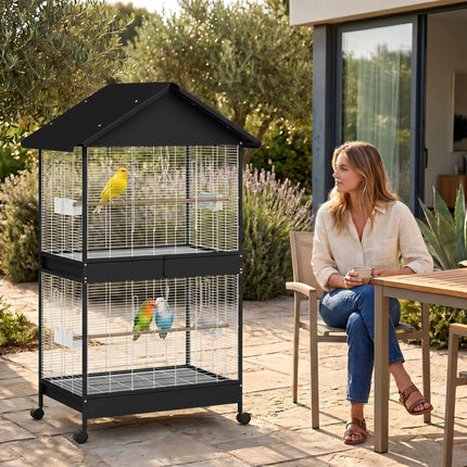Large Bird Cage with Removable Divider, Wheels, White/Black