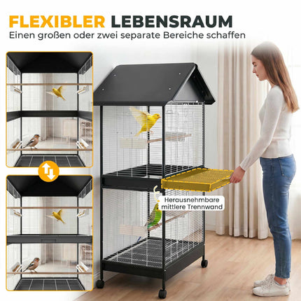 Large Bird Cage with Removable Divider, Wheels, White/Black