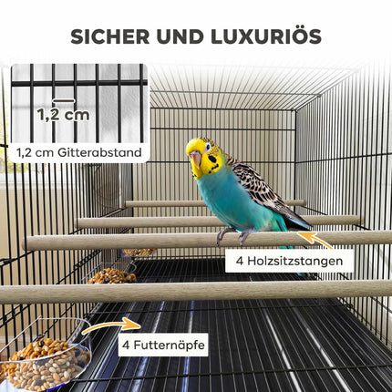 Large Bird Cage with Stand, 4 Perches, Black, 76x46x116 cm