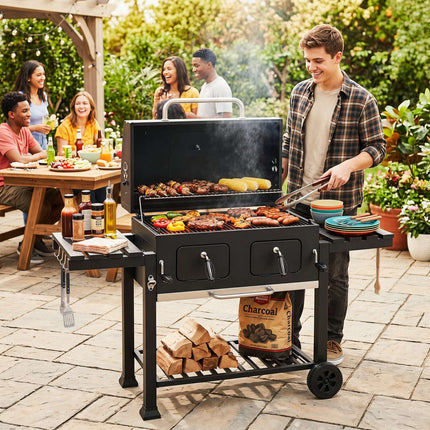 Large Charcoal Grill with Folding Tables and Thermometer