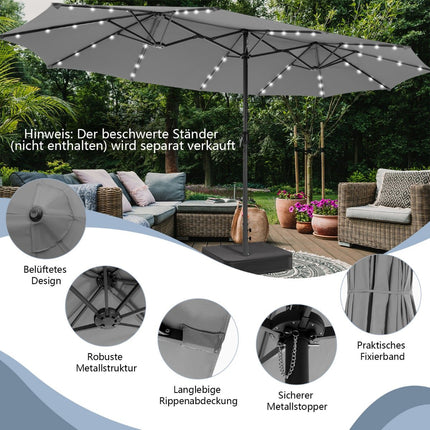 Large Double Patio Umbrella with 48 Solar LED Lights, Grey
