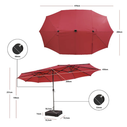 Large Double Patio Umbrella with Solar LED Lights, Red
