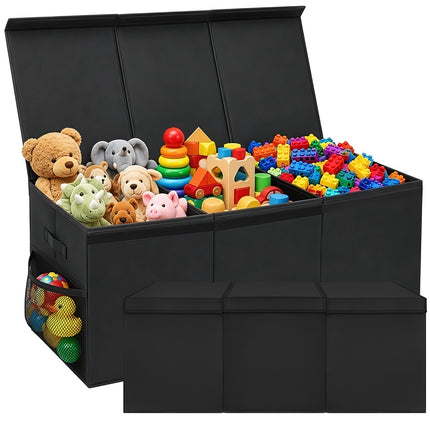 Large Toy Chest with Lid and Divider 132 l, 94 x 39 x 35 cm, Black, Foldable