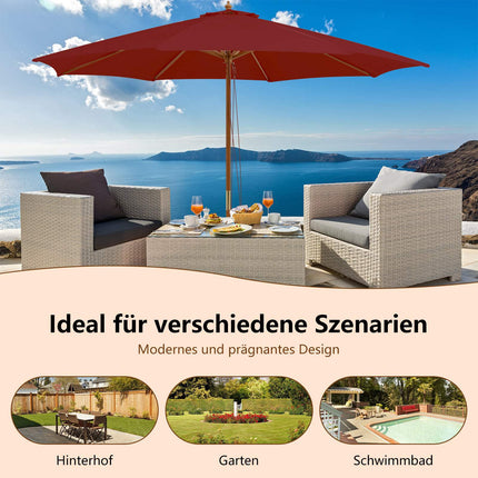 Large Wooden Patio Umbrella, 300cm, Red, Bamboo Ribs