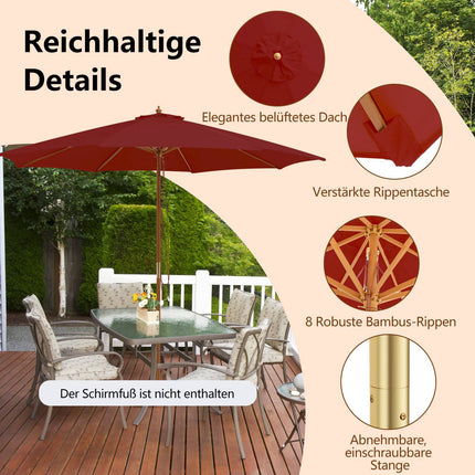 Large Wooden Patio Umbrella, 300cm, Red, Bamboo Ribs