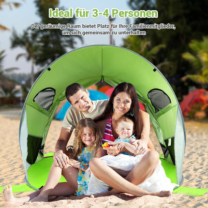 Large pop up beach tent, foldable beach shelter, 3-4 person beach tent, sun protection, throw tent, green
