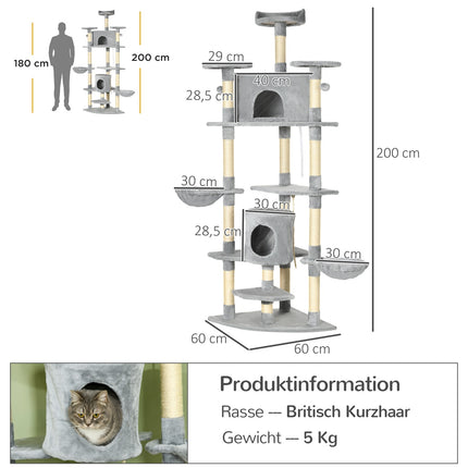 Large cat tree with hammocks and caves, 200cm, light grey