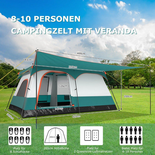 Grote tent met luifel & vloer & 2 kamers & 2 ingangen & draagtas kampeertent familietent L
