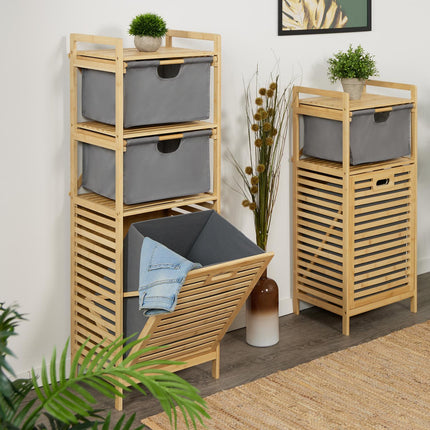 Laundry Basket Rack with 2 Drawers, Bamboo Shelf