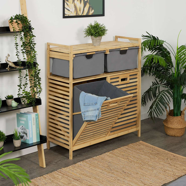 Laundry Basket Rack with 2 Fabric Drawers, Bamboo Shelf