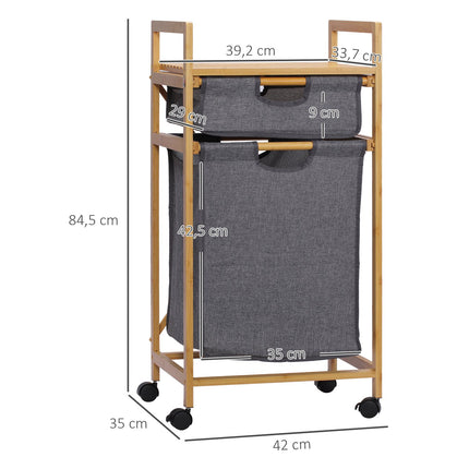 Bamboo laundry basket with wheels, double fabric bags, 42X35X84.5 cm