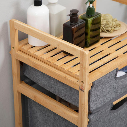 Bamboo laundry basket with wheels, double fabric bags, 42X35X84.5 cm