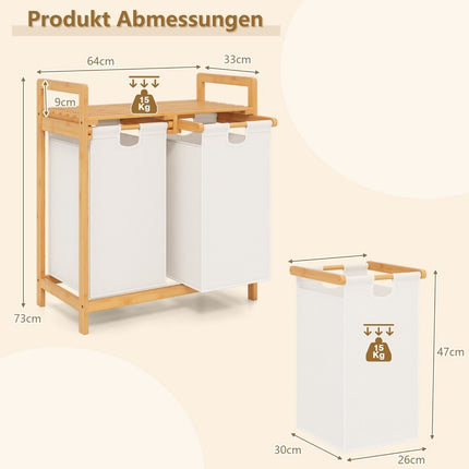 Laundry Basket with 2 Removable Bags, Bamboo, White