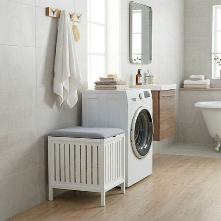 Laundry Hamper Stool – Walnut Wood, Padded Seat Lid