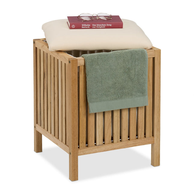 Laundry Hamper Stool with Cushion Seat, Walnut Wood