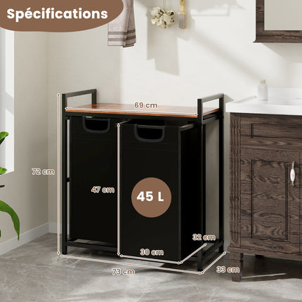 Laundry Hamper With Shelf, 2 Removable Bags, Black Brown