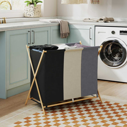Laundry Hamper with 3 Compartments, 129L, Foldable, Bamboo Frame