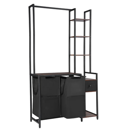 Laundry Sorter with Hanging Rod, 3-Tier Shelves, 2-Bag