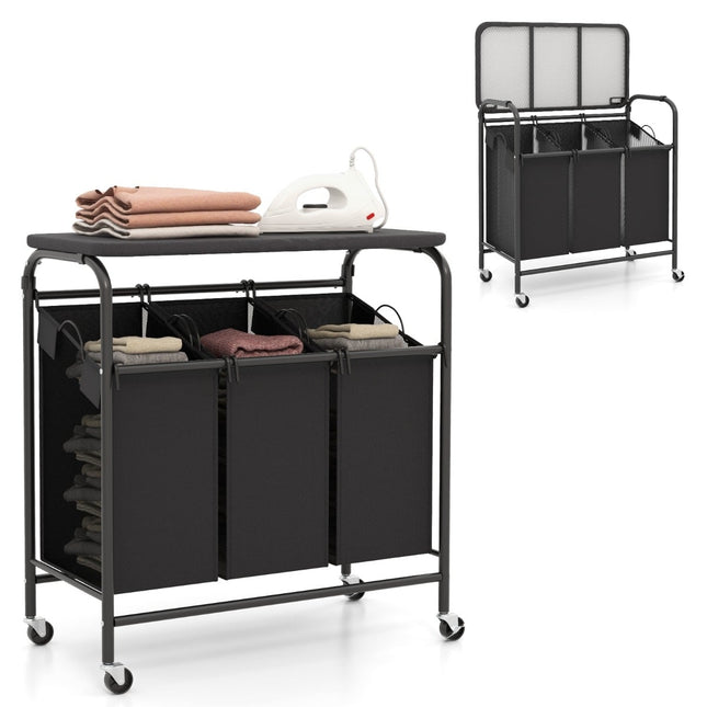 Laundry Sorter with Ironing Board, 3 Bags, Wheels