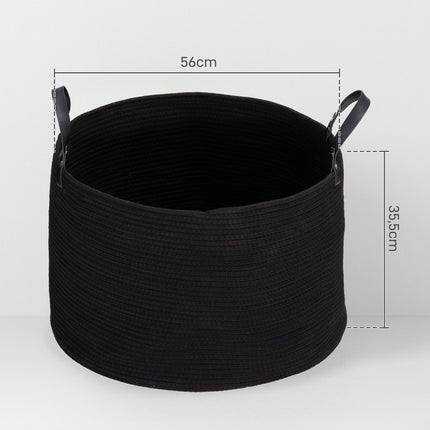 Laundry bag, 88L, portable, foldable, faux leather handles, cotton, Ø56 x 35.5H cm, black