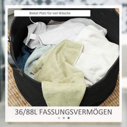 Laundry bag, 88L, portable, foldable, faux leather handles, cotton, Ø56 x 35.5H cm, black
