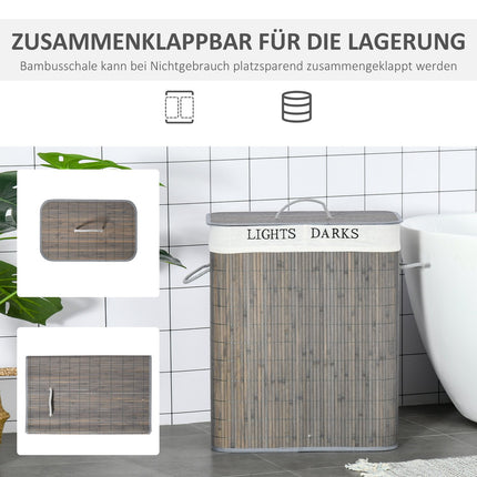 Bamboo laundry basket, 100L, double compartments, foldable lid
