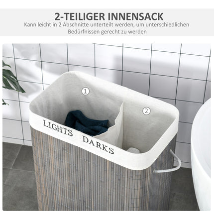 Bamboo laundry basket, 100L, double compartments, foldable lid