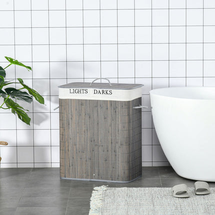 Bamboo laundry basket, 100L, double compartments, foldable lid