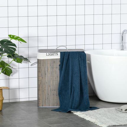 Bamboo laundry basket, 100L, double compartments, foldable lid