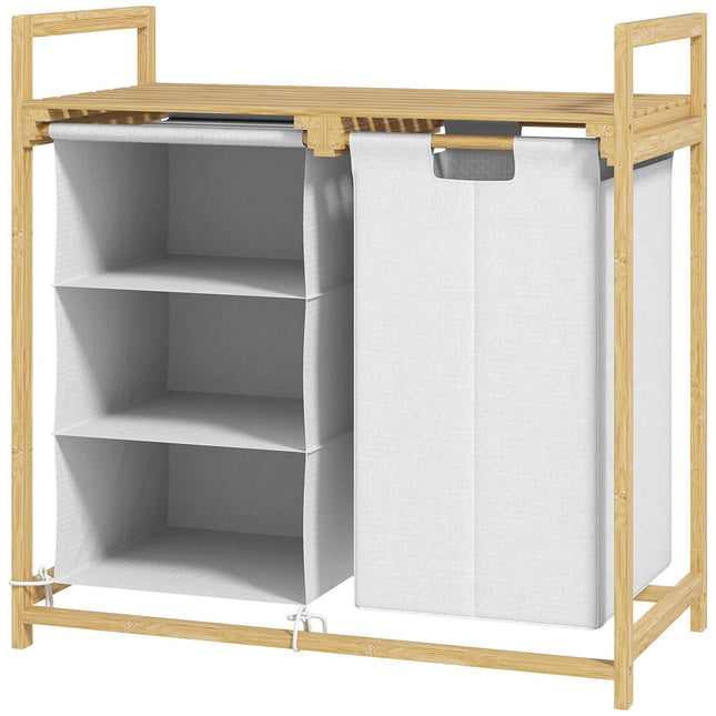 Wasmand 4 compartimenten wasverzamelaar met 2 uittrekbare en afneembare waszakken van non-woven stof, plank 83L wasbox met handvat wassorteerder 70 x 36 x 70 cm bamboe wit